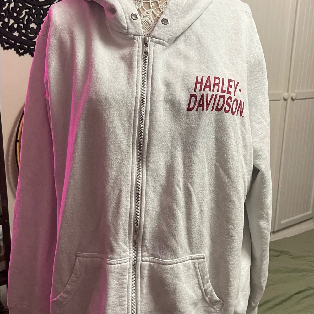Harley-Davidson White Zip-Up Hoodie with Red Text 3W